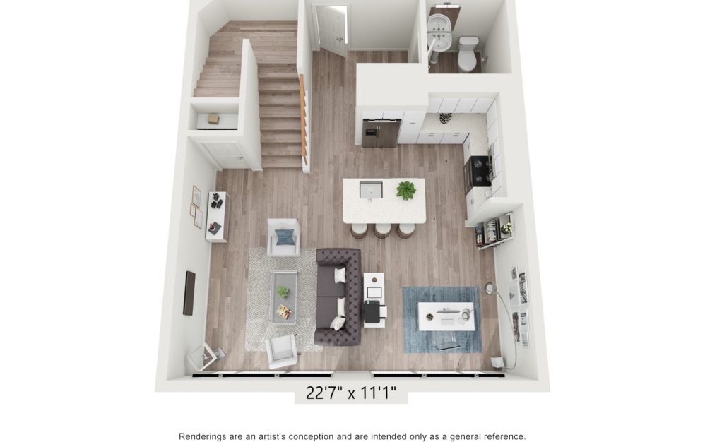 L2 - 1 bedroom floorplan layout with 1.5 bathroom and 1072 square feet (Floor 1)